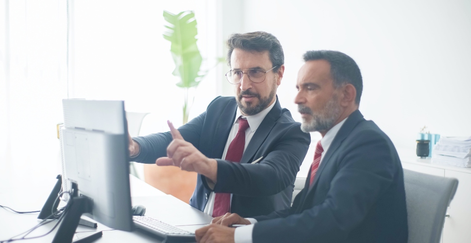 Two male, middle-aged office workers analysing what they are seeing on a desktop computer screen. 